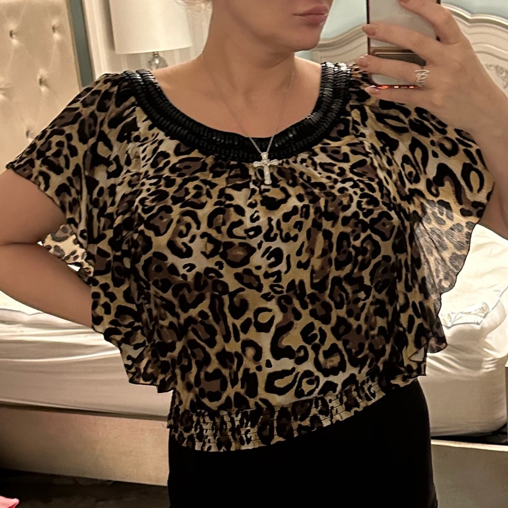 Bebe leopard print beaded flowy top, blouse